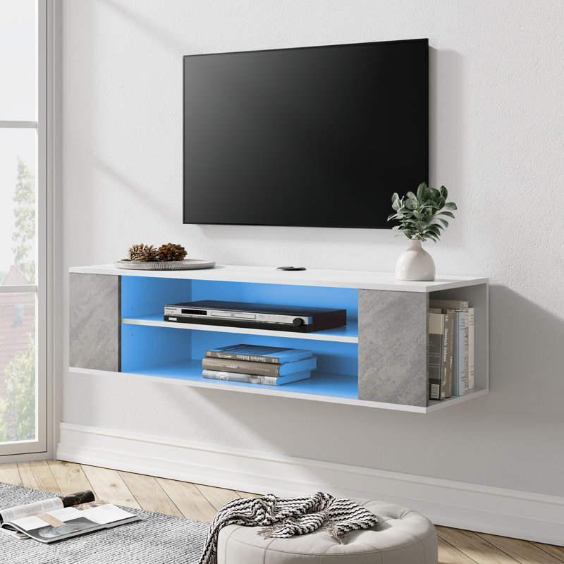 Wrought Studio 3 Tier Floating Tv Stand Wall Mounted With Blue Led Lights Floating Entertainment Centre Strage Shelf White Grey Wayfair TV Stands